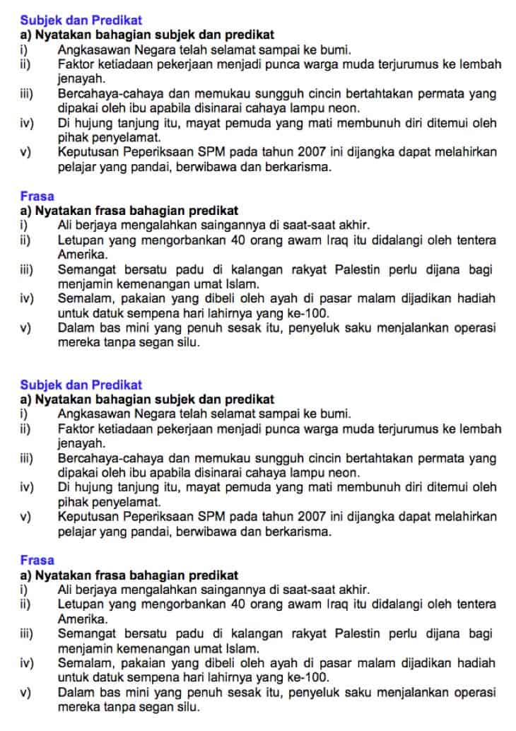 Latihan Subjek dan Predikat PT3 (Jawapan Bahasa Melayu)