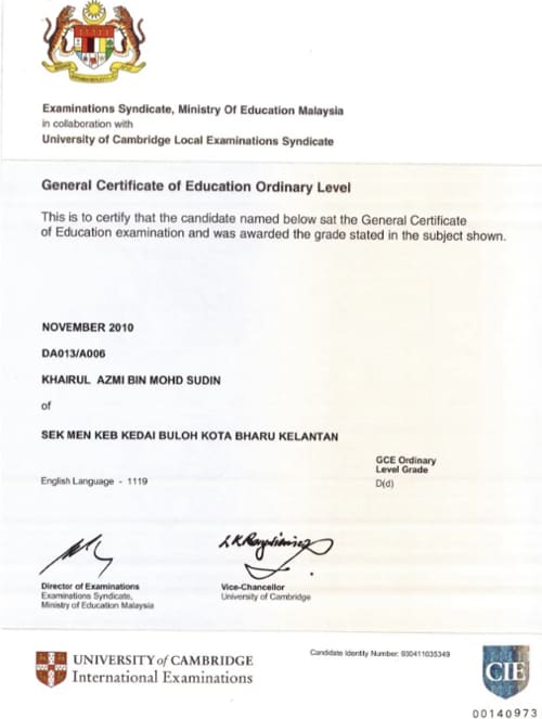 contoh sijil gce o level spm